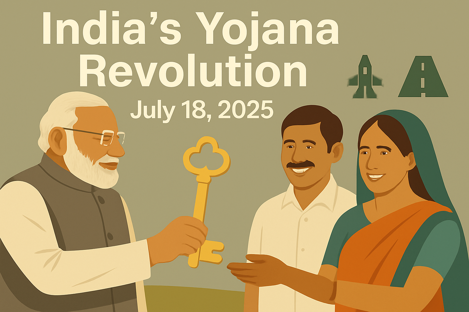 A professional and clean thumbnail showing Prime Minister Narendra Modi handing over a house key to a smiling rural family. In the background, faint visuals of agriculture (crop field), infrastructure (road or railway), and electricity (solar panels or power lines). Add large bold headline text: 'India’s Yojana Revolution – July 18, 2025'. Use muted tricolor tones in the background with a modern, official layout.